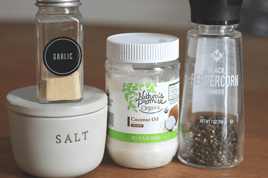 Jar of salt, garlic powder, coconut oil & pepper grinder
