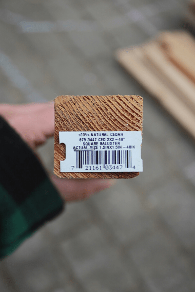 image of sticker showing 100% natural cedar square baluster 2''x2''x48''